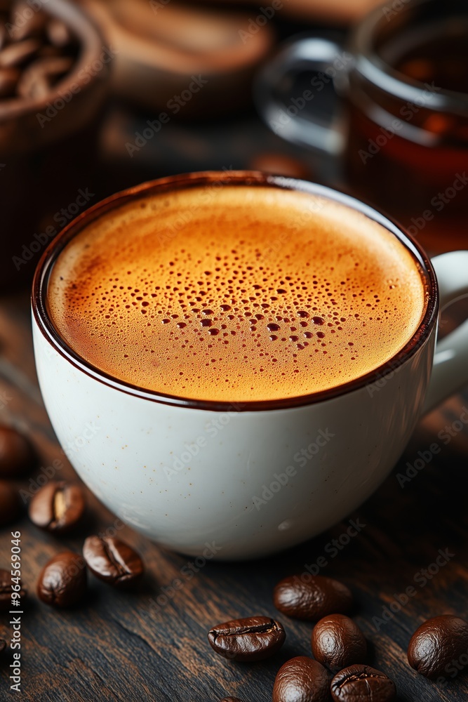 Steaming cup of coffee with rich crema on a rustic wooden table. Steaming cup of coffee with rich crema on a rustic wooden table.