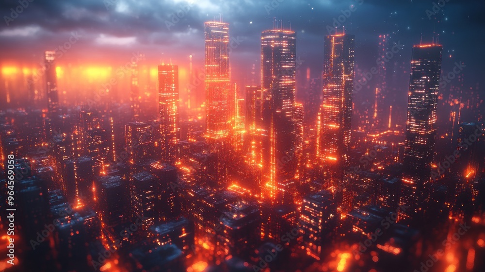 A vibrant cityscape illuminated by fiery lights at dusk. A vibrant cityscape illuminated by fiery lights at dusk.