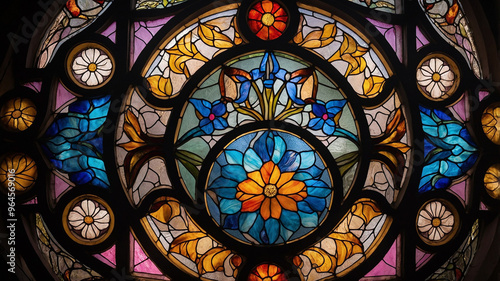 Stained glass window featuring vibrant flowers and intricate patterns, capturing a blend of colors and light.