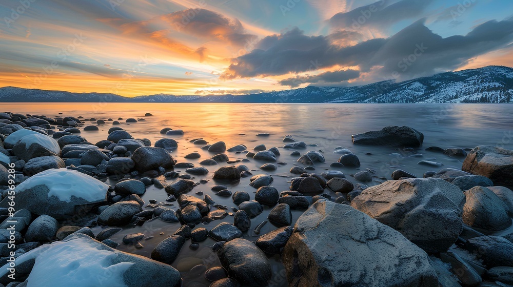Photo of Lake Tahoe, boulders in the water at sunset, orange and blue sky, beautiful clouds, peaceful atmosphere, golden hour Photo of Lake Tahoe, boulders in the water at sunset, orange and blue sky, beautiful clouds, peaceful atmosphere, golden hour