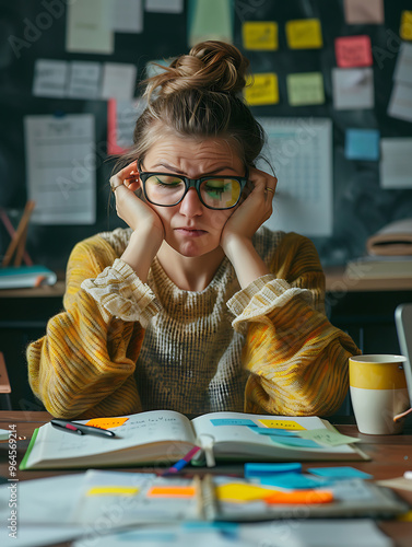 Overwhelmed person checking planner amidst chaotic workspace with sticky notes and coffee mugs