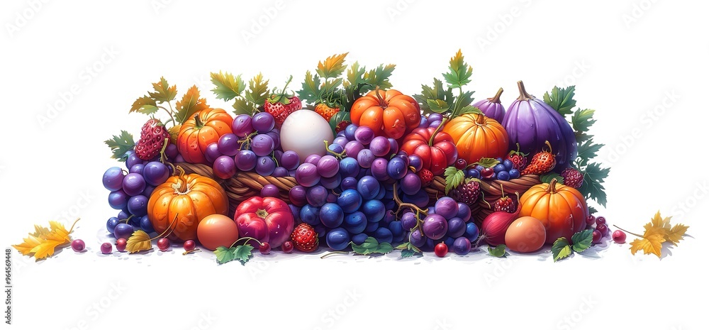 A bountiful harvest of fall fruits and vegetables including pumpkins, grapes, and berries, arranged in a basket. The arrangement is set against a white background. A bountiful harvest of fall fruits and vegetables including pumpkins, grapes, and berries, arranged in a basket. The arrangement is set against a white background.