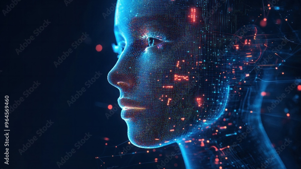 Portraits with faces with glowing elements and data models representing technology Portraits with faces with glowing elements and data models representing technology