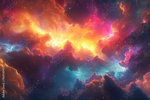 Stunning cosmic clouds illuminated by vibrant colors, creating a mesmerizing celestial landscape in deep space.