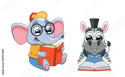 Charming Cartoon Image Of An Elephant And A Zebra Kids Joyfully Reading Books Featuring. Vector Illustration