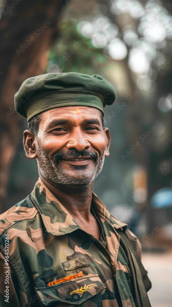 A proud man in a INDIA military uniform smiles confidently at the camera A proud man in a INDIA military uniform smiles confidently at the camera