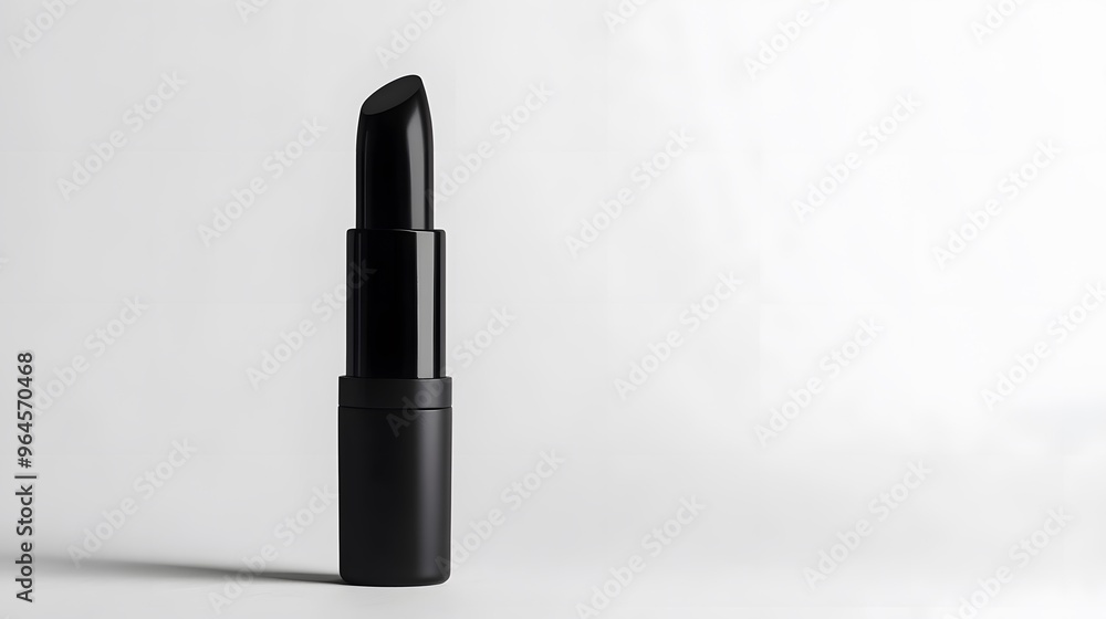 Matte Lipstick Tube: A matte black lipstick tube standing upright on a white background, with minimal reflections and clean lines.
Matte Lipstick Tube: A matte black lipstick tube standing upright on a white background, with minimal reflections and clean lines.