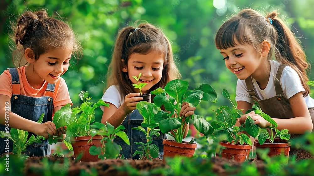 Children tending to plants in the school garden Children tending to plants in the school garden