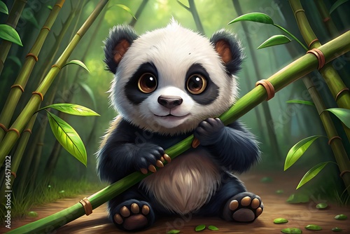  baby panda with oversized bamboo a baby panda str photo