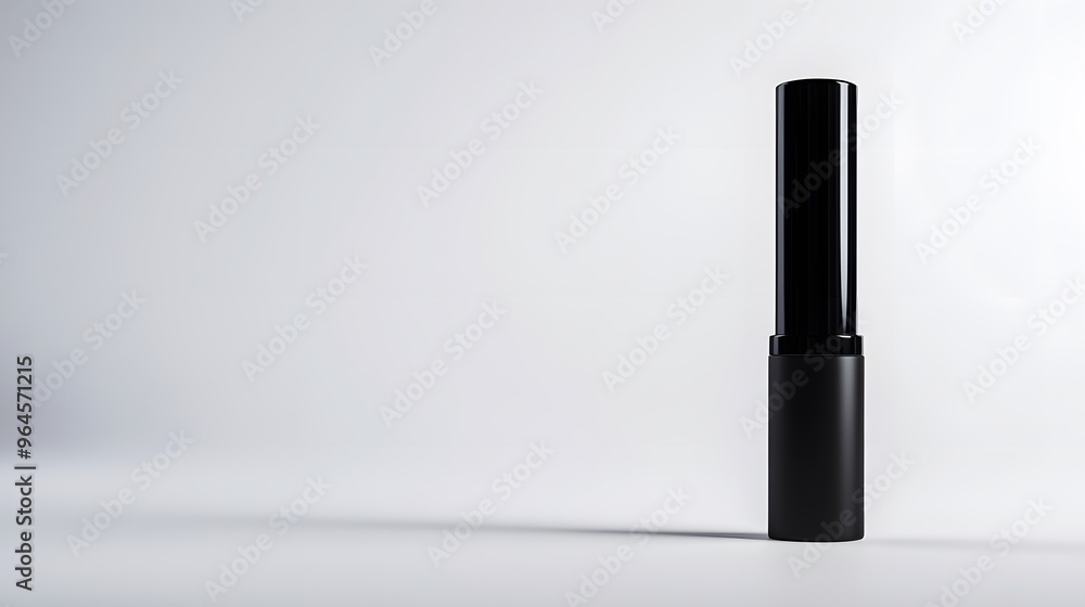 Obraz premium Matte Lipstick Tube: A matte black lipstick tube standing upright on a white background, with minimal reflections and clean lines. 
