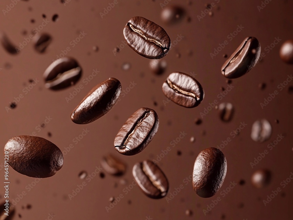Brown background of floating coffee beans. Rich aroma freshly roasted coffee beans fly in air Brown background of floating coffee beans. Rich aroma freshly roasted coffee beans fly in air