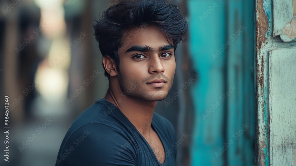 Handsome Indian man poses in city.