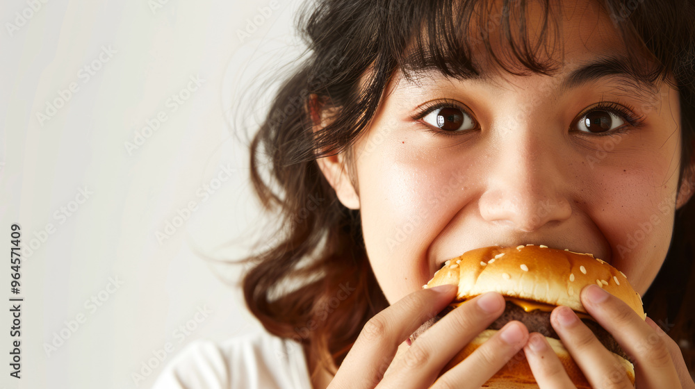 Close up portrait of a satisfied pretty girl eating burger on white background Close up portrait of a satisfied pretty girl eating burger on white background