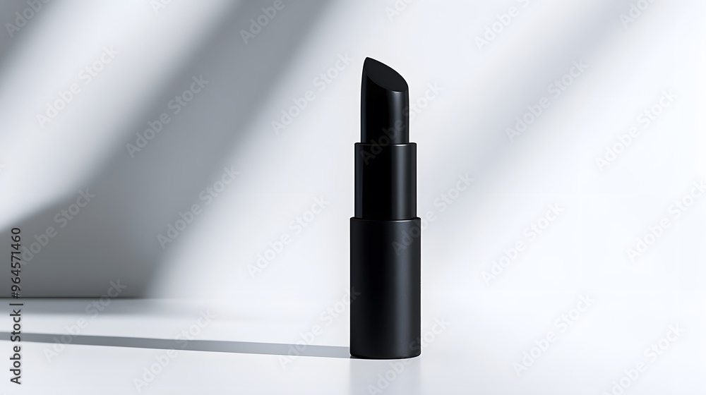 Matte Lipstick Tube: A matte black lipstick tube standing upright on a white background, with minimal reflections and clean lines.
Matte Lipstick Tube: A matte black lipstick tube standing upright on a white background, with minimal reflections and clean lines.