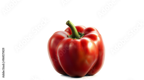 A red pepper with a green stem. The pepper is sitting on a white background. Concept of freshness and natural beauty