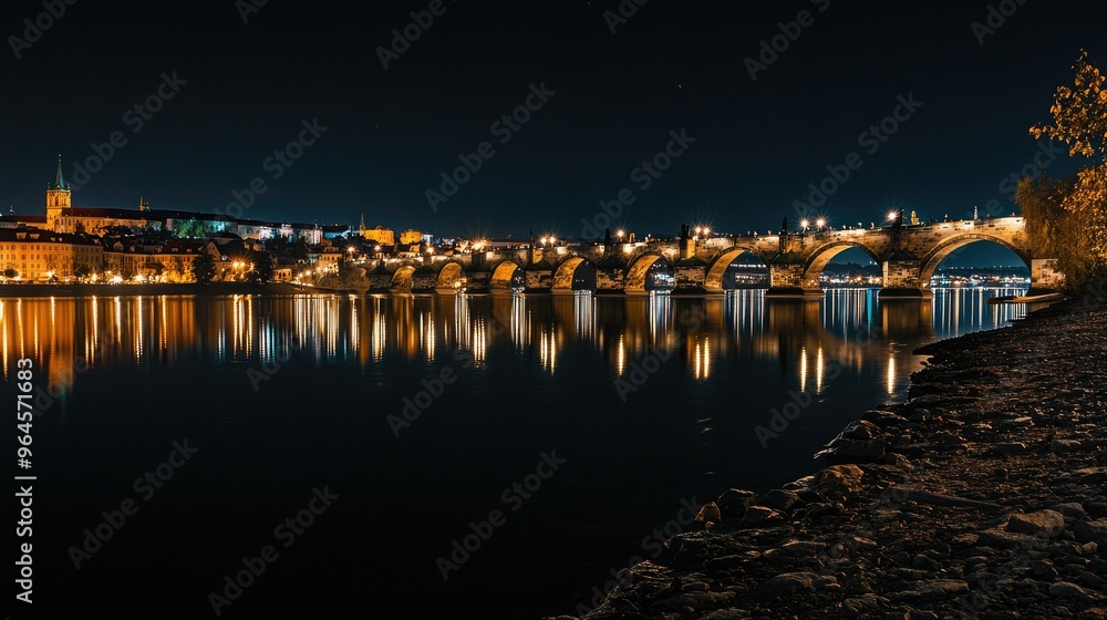 Obraz premium Night view of Prague's illuminated Charles Bridge with reflections on the Vltava River.