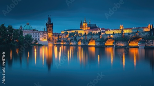 Wallpaper Mural Night view of Prague's illuminated Charles Bridge with reflections on the Vltava River. Torontodigital.ca