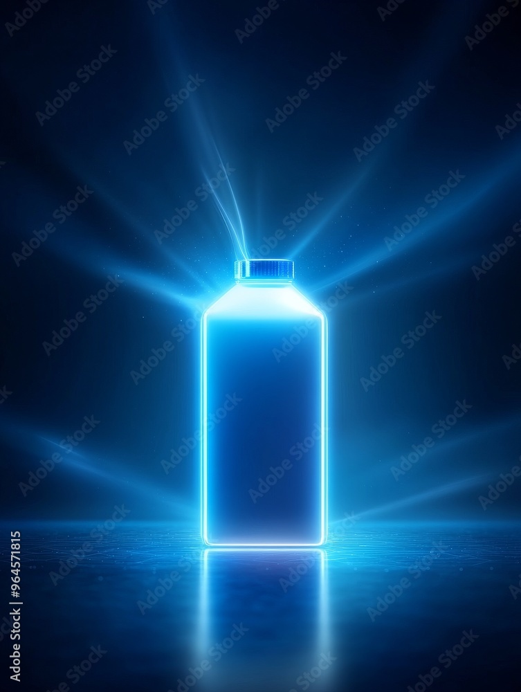 A glowing blue bottle against a dark background, emanating light beams, creating a mystical and modern atmosphere. A glowing blue bottle against a dark background, emanating light beams, creating a mystical and modern atmosphere.