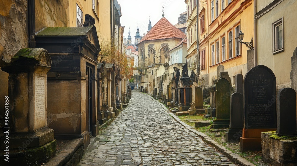 Fototapeta premium Prague's Jewish Quarter with the Old New Synagogue and the Jewish Cemetery, showing centuries of history.
