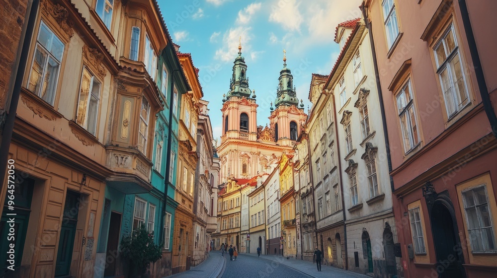 Prague's Lesser Town with views of St. Nicholas Church and quaint, winding streets. Prague's Lesser Town with views of St. Nicholas Church and quaint, winding streets.