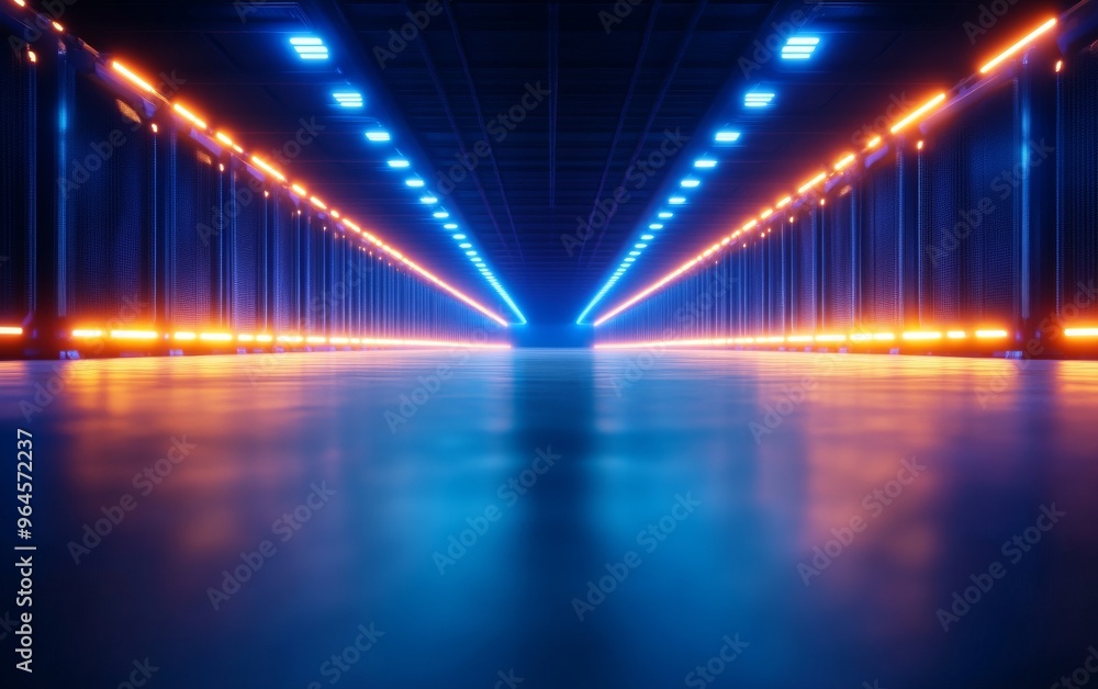 A mesmerizing view of illuminated lines creating a futuristic atmosphere with blue and orange lights in a sleek space. A mesmerizing view of illuminated lines creating a futuristic atmosphere with blue and orange lights in a sleek space.