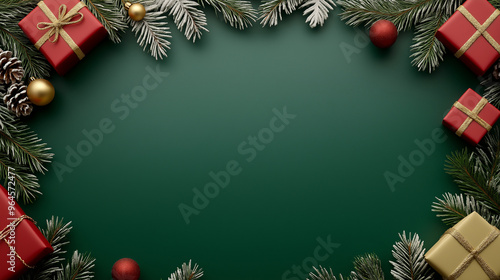 A vibrant and festive arrangement of red and gold wrapped gifts, pine branches, and pine cones framing a rich green background for a cheerful holiday design.