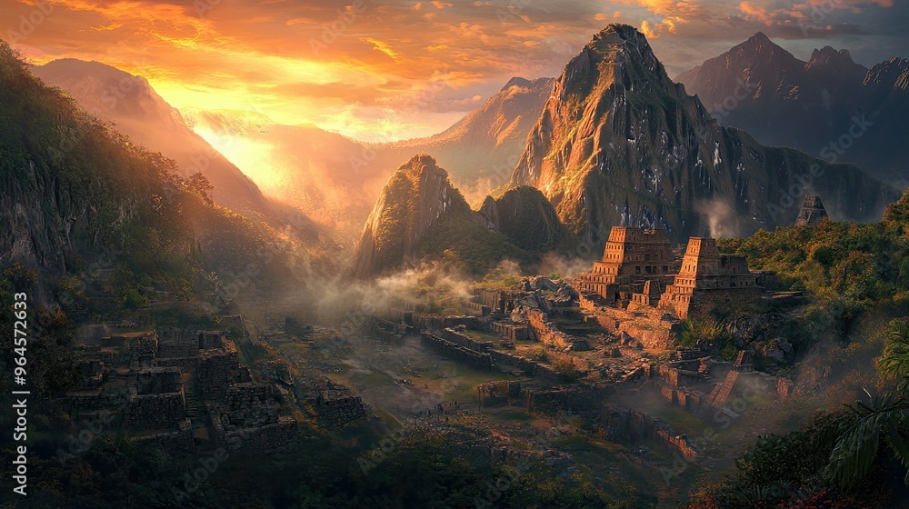 Fototapeta premium Sunset casting a warm glow over the ruins of Machu Picchu and the surrounding mountains.