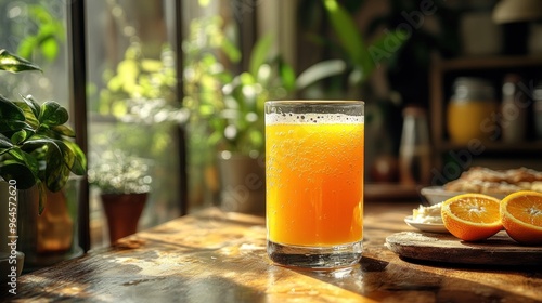 A refreshing glass of orange juice beside fresh oranges.