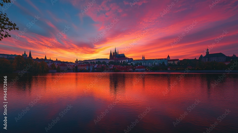 Fototapeta premium Sunset over Prague Castle, with the Vltava River reflecting the vibrant colors of the sky.