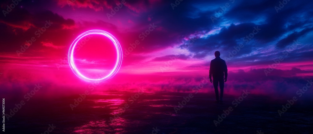 A solitary figure stands beneath a vibrant neon circle, surrounded by dramatic clouds and striking colors, evoking a sense of wonder. A solitary figure stands beneath a vibrant neon circle, surrounded by dramatic clouds and striking colors, evoking a sense of wonder.
