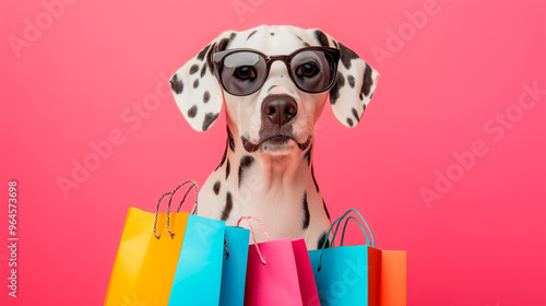 Dalmatian dog wearing sunglasses surrounded by colorful shopping bags on a pink background. photo