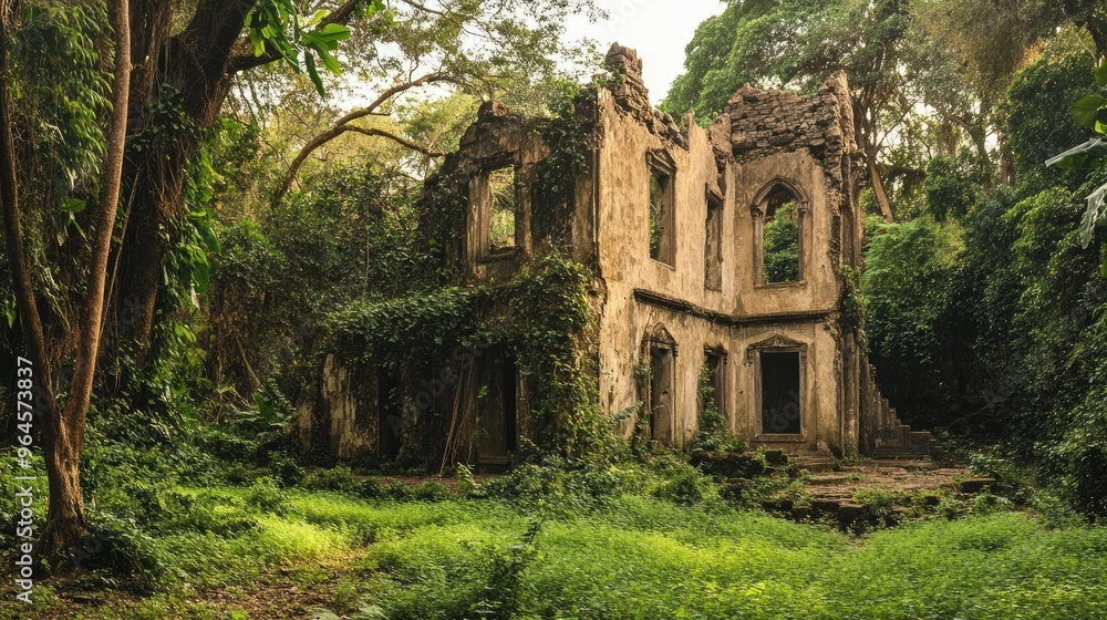 Obraz premium The ancient ruins of Gedi in Kenya, surrounded by lush forest and vines.