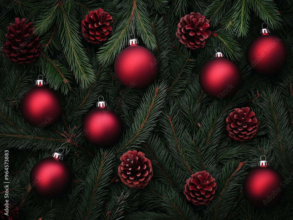 A flat lay of red Christmas ornaments and pine cones nestled among evergreen branches, creating a festive and natural holiday composition. A flat lay of red Christmas ornaments and pine cones nestled among evergreen branches, creating a festive and natural holiday composition.