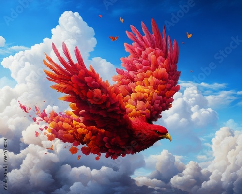 A vibrant red bird soars through a sky filled with fluffy clouds, showcasing beauty and freedom in nature's masterpiece. photo