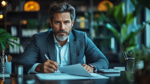 Focused Professional Man Working at Desk in Elegant Office Environment with Greenery