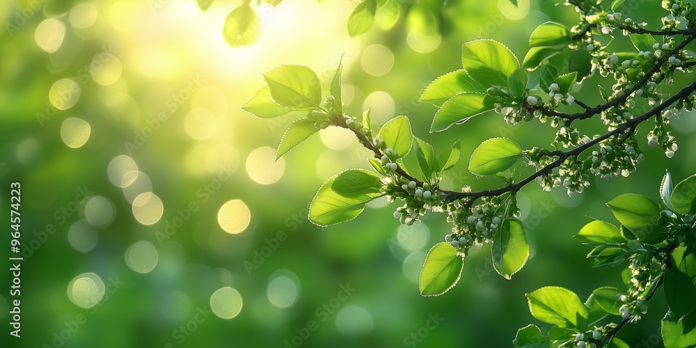 Sunlit green leaves and blooming flowers on a branch against a vibrant bokeh background. Sunlit green leaves and blooming flowers on a branch against a vibrant bokeh background.