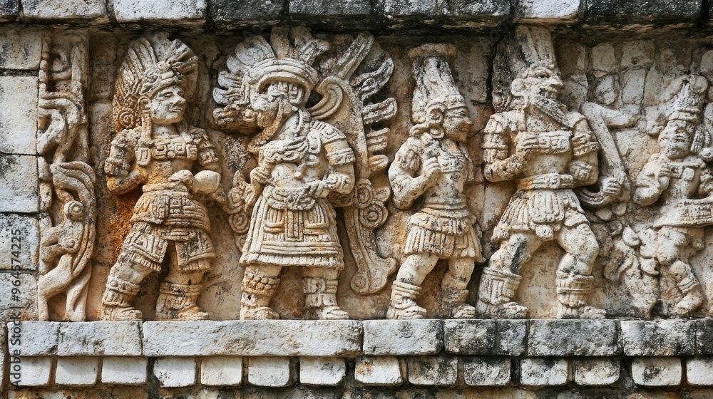 The ancient stone carvings of Chichen Itza, depicting Mayan deities and celestial events. The ancient stone carvings of Chichen Itza, depicting Mayan deities and celestial events.