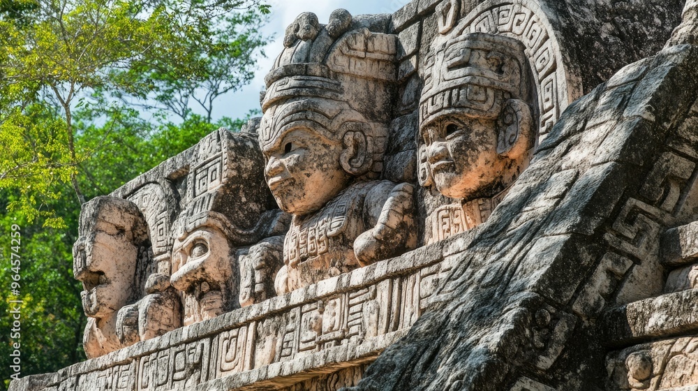 Obraz premium The ancient stone carvings of Chichen Itza, depicting Mayan deities and celestial events.