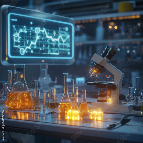 a science lab setup with various equipment like test tubes, beakers, and a digital microscope.