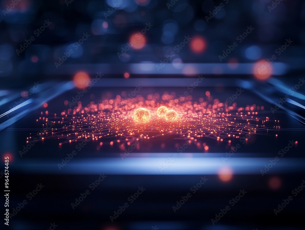 Abstract glowing particles with a vibrant red hue create a captivating visual display against a dark background. Abstract glowing particles with a vibrant red hue create a captivating visual display against a dark background.