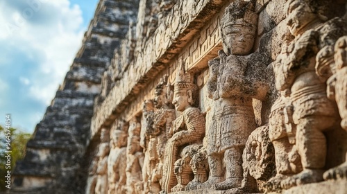 The ancient stone reliefs of Chichen Itza, depicting scenes of sacrifice and Mayan mythology. photo