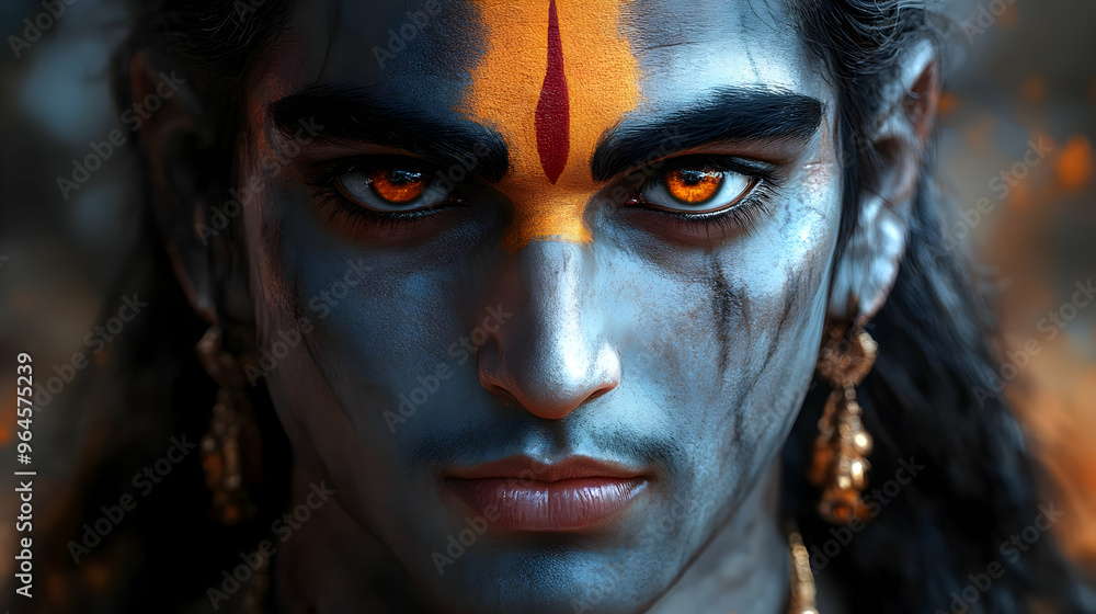 A striking portrait of a figure with blue skin, adorned with traditional markings and jewelry. A striking portrait of a figure with blue skin, adorned with traditional markings and jewelry.