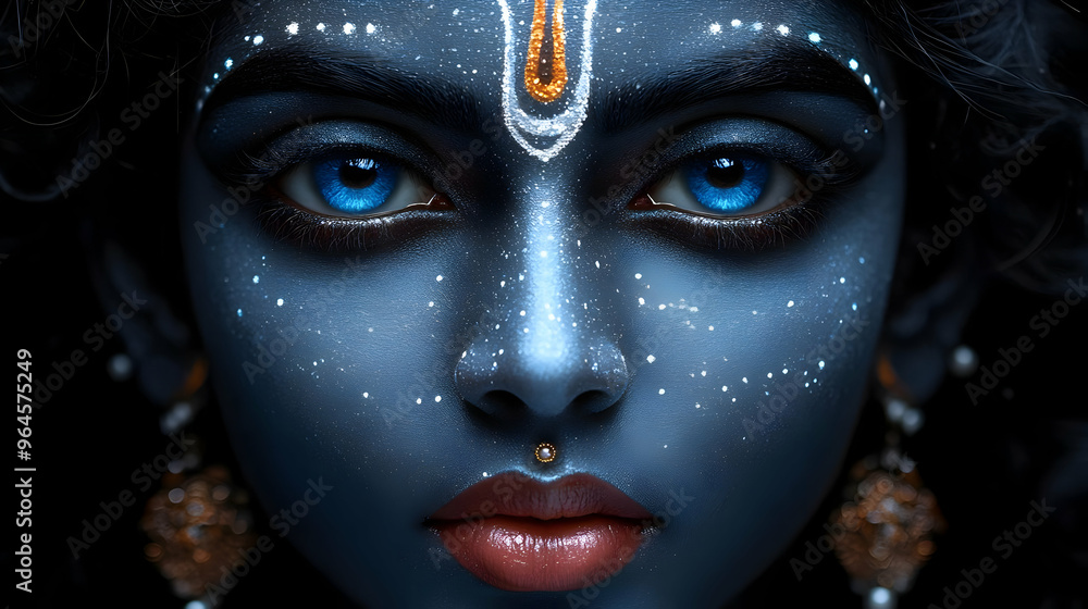 A striking portrait of a person with blue skin and intricate adornments, conveying cultural themes. A striking portrait of a person with blue skin and intricate adornments, conveying cultural themes.