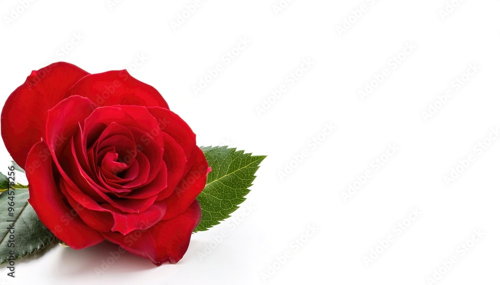 Beautiful single red rose flower with leaves side top view isolated on white background with copy space. Naturе object for design to Valentines, mothers day, anniversary. prom date. love and passion Beautiful single red rose flower with leaves side top view isolated on white background with copy space. Naturе object for design to Valentines, mothers day, anniversary. prom date. love and passion
