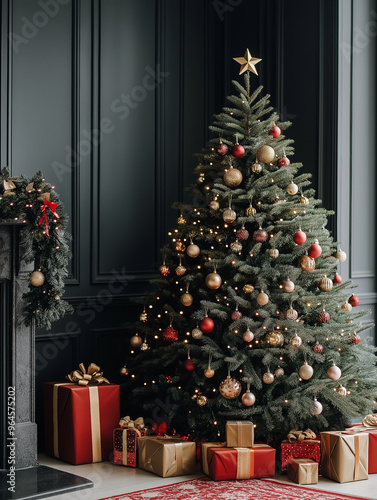 A beautifully decorated Christmas tree adorned with red and gold ornaments and surrounded by wrapped gifts in a luxurious living room setting.
