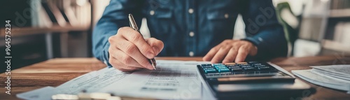 A person engaged in detailed financial calculation, writing on papers with a calculator nearby, showcasing productivity and focus.