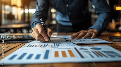 A professional analyzing data sheets, making notes, and using a calculator in a modern workspace.
