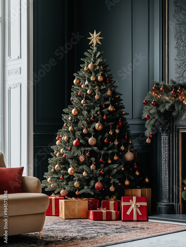A beautifully decorated Christmas tree adorned with red and gold ornaments and surrounded by wrapped gifts in a luxurious living room setting.