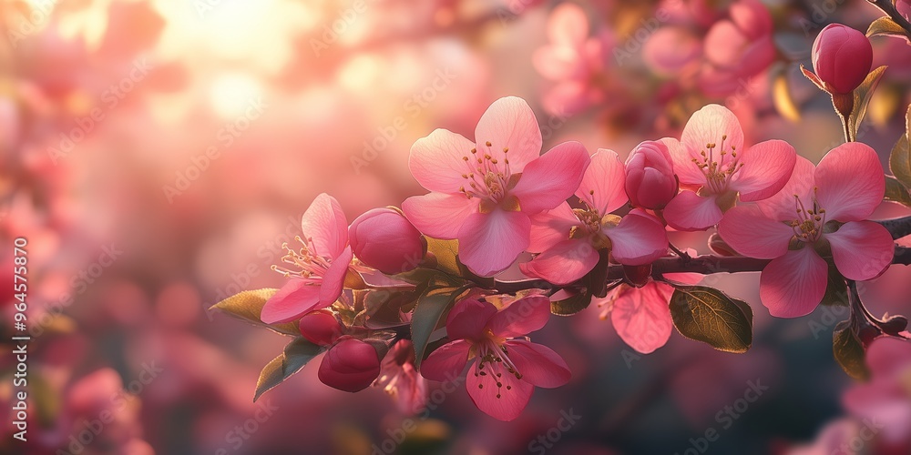 Pink cherry blossoms bathed in warm sunlight on a beautiful spring day. Pink cherry blossoms bathed in warm sunlight on a beautiful spring day.