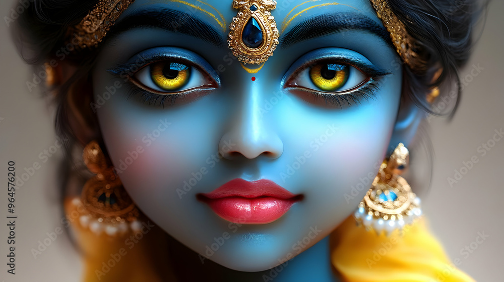A stylized depiction of a blue-skinned figure with ornate jewelry and vibrant features. A stylized depiction of a blue-skinned figure with ornate jewelry and vibrant features.